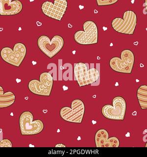 Nahtloses Muster mit Lebkuchenherzen-Keksen. Alles gute zum Valentinstag. Verschiedene Arten von Lebkuchenherzen mit Glasur für Geschenkpapier, Backgroun Stock Vektor