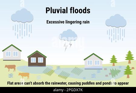 - Gewürzüberschwemmungen. Infografik zu Überschwemmungen. Überschwemmung Naturkatastrophe mit Regen, Wettergefahr. Häuser, Bäume, Garten mit Wasser bedeckt. Globale Erwärmung Stock Vektor