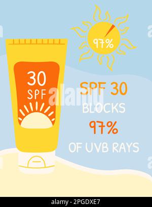 Sonnenschutzflaschen mit SPF 30, die UVB-Strahlen abschirmen. Infografik Sonnenschutzmittel am Strand. Sonnenschutz-Poster für den Sommer. Handgezeichnet organisch Stock Vektor