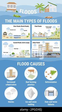 Die wichtigsten Arten von Überschwemmungen und Hochwasserursachen. Infografik zu Überschwemmungen. Überschwemmung Naturkatastrophe mit Regen, Wettergefahr. Häuser, Autos, Bäume, überdacht Stock Vektor