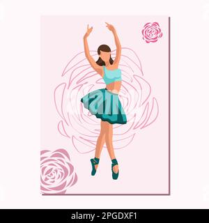 Weiße, gesichtslose Balletttänzerin in grünem Tutu und pointe-Schuhe tanzen auf einem rosa Poster mit Blumen. Vektordarstellung in flacher Form Stock Vektor