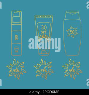 Set aus Sonnenschutzflaschen, Röhrchen mit unterschiedlichem LSF von 15 bis 50 ml. Infografik Umfang des SPF-Schutzes, der UVB-Strahlen blockiert. Sonnencreme, Lotion Stock Vektor