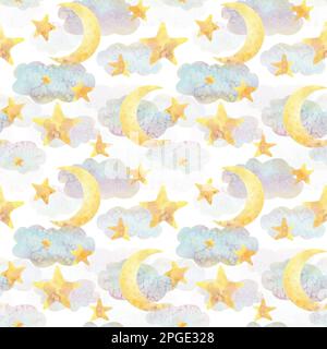 Mond mit Sternen in Wolken auf weißem Hintergrund. Aquarelldarstellung. Nahtloses Muster aus der BAMBUSKOLLEKTION. Zur Dekoration und Gestaltung von Stockfoto