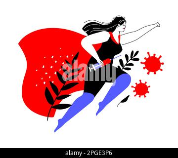 Superheld mit Impfstoff - farbenfrohes flaches Design Styling Stock Vektor