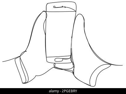 Einzeiliges Smartphone in den Händen auf weißem Hintergrund. Stock Vektor