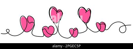 Rosafarbene Herzen in einer Zeile auf weißem Hintergrund. Stock Vektor