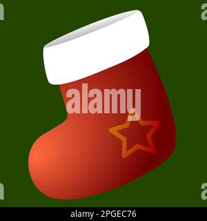 Rote Weihnachtssocke mit einem Stern auf grünem Hintergrund. Stock Vektor