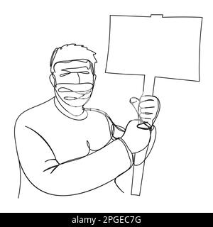 Maskierter Demonstrant mit einem Banner in durchgehender Linie auf einem weißen Rücken. Ein empörter Mensch, der für seine Rechte und Freiheiten kämpft. Friedlicher Versammlungsgeist Stock Vektor