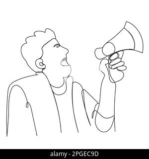 Ein Mann schreit in eine Megafon-Hand, gezeichnet durch eine Linie auf weißem Hintergrund. Lautsprecher-Aktivist. Anführer der Bewegung. Vektordarstellung mit edi Stock Vektor