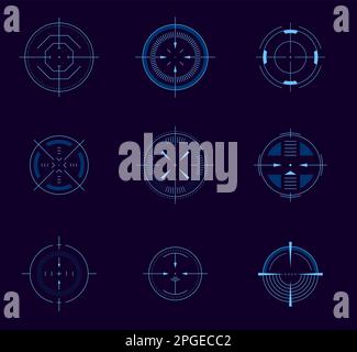 Futuristischer Zielzeiger. Circle HUD User Interface Element, Waffenkollimator Round AIM, digital Focus UI game Asset. Symbole für Vektorgenauigkeit isoliert Stock Vektor