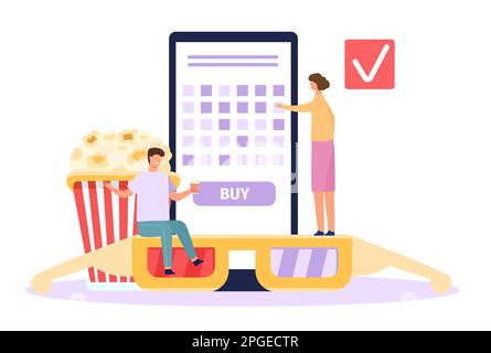 Kinoindustrie, Kino oder Online-Kauf von Eintrittskarten für Kinokonzepte. Vektor des Ticketkaufs Illustration, mobile Internet-App, Anwendungsunterhaltung Stock Vektor