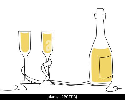 PrintFestive Illustration mit Gläsern und einer Flasche Champagner in einer Zeile Stock Vektor