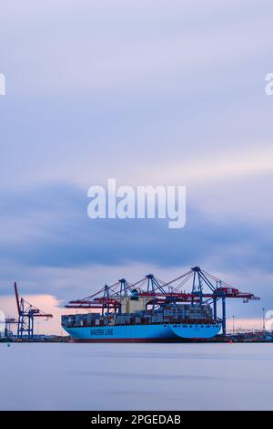 Containerschiff im Hafen angedockt Stockfoto