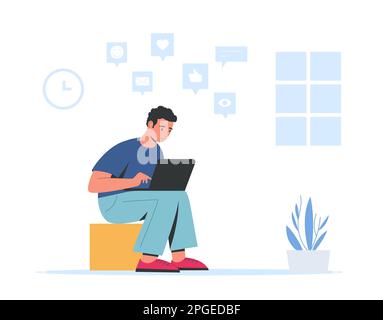 Mann mit Laptop und im Netzwerk, um zu chatten und sich über „Gefällt mir“ zu unterhalten. Vektor des sozialen Netzwerks online, Internet-Laptop-Illustration Stock Vektor