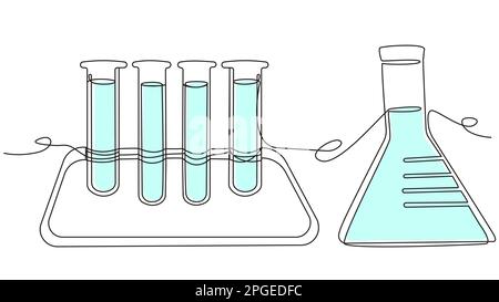 Chemieset mit Reagenzgläsern und Kolben in einer Zeile Stock Vektor