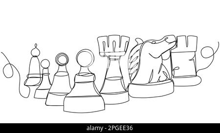 Aufgereihte Schachfiguren in einer Zeile auf weißem Hintergrund. Stock Vektor