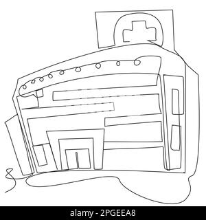 Einzeiliges Klinikgebäude in einem einfachen Doodle-Stil auf weißem Hintergrund. Stock Vektor