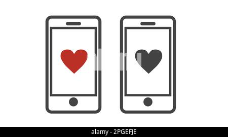 Smartphone mit Herz. Vektor flach schwarz-weiß isoliert bearbeitbare Illustration Stock Vektor