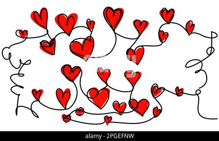 Viele Herzen in einer Linie mit roter Form auf weißem Hintergrund. Stock Vektor