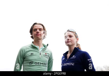 Cambridge cox Jasper Parish und Oxford cox Anna O'Hanlon während eines Pressenachmittags im London Rowing Club am Putney Embankment London, vor dem Gemini Boat Race 2023. Bilddatum: Mittwoch, 22. März 2023. Stockfoto