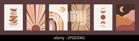 Minimalistisches Set mit geometrischen Mustern an den Wänden. Abstrakte Plakate für moderne bohemische ästhetische Innenräume. Zeitgenössische druckbare Kunstwerke. Sonne, Mond Stock Vektor