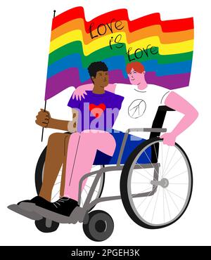 Zwei behinderte schwule Männer im Rollstuhl mit LGBT-Flagge auf weißem Isolat. Stock Vektor