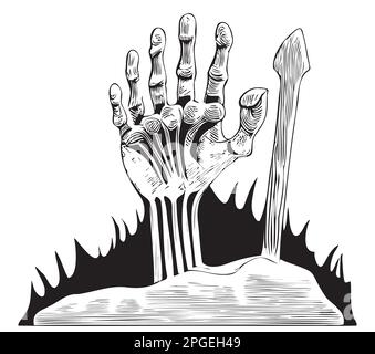 Knochenhand, die aus dem Grab ragt, handgezeichnete Skizze, Vektordarstellung Stock Vektor