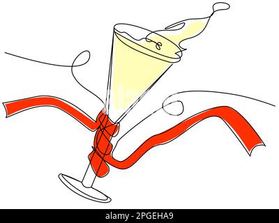 Ein Glas Champagner, umwickelt in einen roten Streifen, der von einer Linie gezeichnet ist Stock Vektor