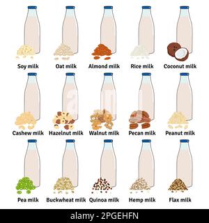 Fläschenset mit Milch auf Pflanzenbasis. Vegane Milch in Glasflaschen. Mandeln, Soja, Reis, Kokosnuss, Cashew, Haselnuss, Hafer, Flachs, Walnuss, Hanf, erbsenmilch. Mi Stock Vektor