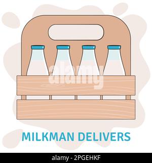 Holzkiste mit Milchflaschen. Milchmann-Lieferung. Handgezeichnete Vektordarstellung. Stock Vektor