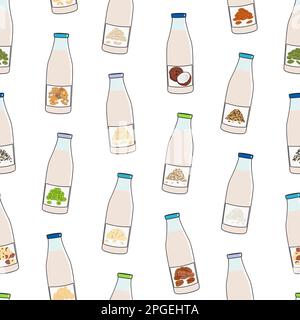 Nahtloses Muster von Flaschen mit pflanzlicher Milch. Vegane Milch in Glasflaschen. Mandeln, Soja, Reis, Kokosnuss, Cashew, Hafer, Flachs, Walnuss, Erbsenmilch. Milch Stock Vektor