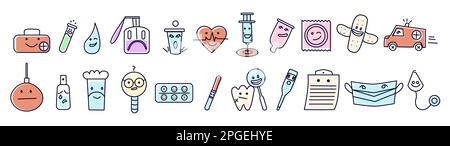 PRINTA-Satz medizinischer Ikonen mit Emotionen in Pastellfarben Stock Vektor