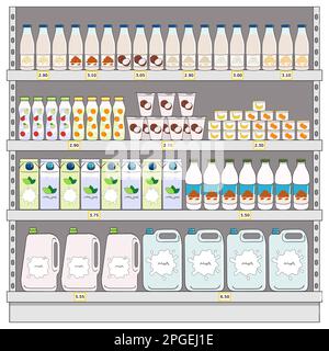 Milchprodukte, Milchprodukte und vegane Milchalternativen in Regalen im Supermarkt. Milchflasche, Karton, Joghurt. Milchkauf. Handgezeichnete Vektoreile Stock Vektor