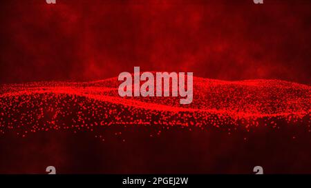Rote Punkte Partikel Wellenmuster Halbtongradientenkurve isoliert auf rotem Rauchhintergrund. Hintergrunddesign für Big Data. Stockfoto