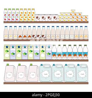 Milchprodukte, Milchprodukte und vegane Milchalternativen in Regalen im Supermarkt. Milchflasche, Karton, Joghurt. Milchkauf. Handgezeichneter Vektor i Stock Vektor