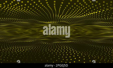 Abstrakter gelber Hintergrund 3D Wellenlinien fließende Partikel glatte Kurvenpunkte Blended Mesh Technologie futuristisches Konzept. Abstraktes trapcode-Formular Stockfoto