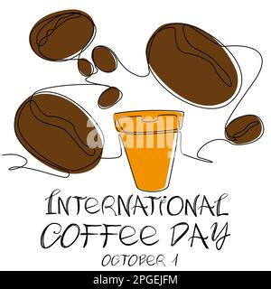 Kaffeebohnen und eine Plastiktasse mit einem heißen Getränk in einer Zeile. Stock Vektor