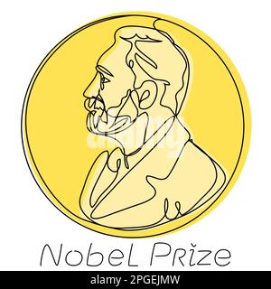 Nobelpreis in einer Zeile mit einer goldenen Silhouette. Ehrenhafte Leistung auf dem Gebiet der wissenschaftlichen Errungenschaften. Vektor-Editorbild-Portrait Stock Vektor