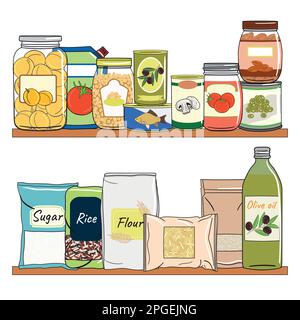 Set mit Konserven im Regal. Konservierte Lebensmittel in Dosen, Glasgefäßen, Metallbehältern, Packungen mit Müsli. Elemente des Küchenlagers. Handgezeichnete Vektoreile Stock Vektor