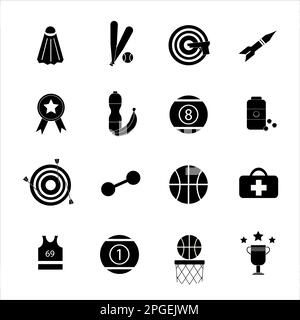 Kollektion von Ikonen mit verschiedenen Sportarten und gesunder Ernährung im einfachen Design Stockfoto