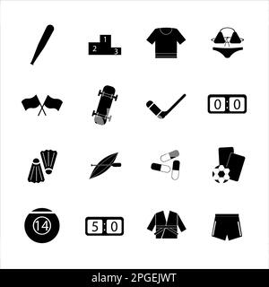 Kollektion von Ikonen mit verschiedenen Sportarten und gesunder Ernährung im einfachen Design Stockfoto