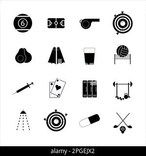 Kollektion von Ikonen mit verschiedenen Sportarten und gesunder Ernährung im einfachen Design Stockfoto