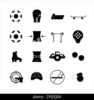 Kollektion von Ikonen mit verschiedenen Sportarten und gesunder Ernährung im einfachen Design Stockfoto