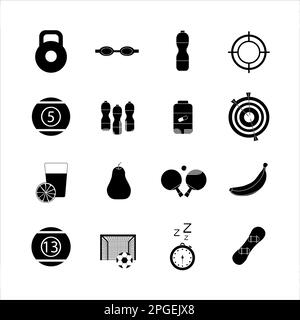 Kollektion von Ikonen mit verschiedenen Sportarten und gesunder Ernährung im einfachen Design Stockfoto