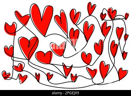 Doodle-Herzen in einer Linie mit roter Form auf weißem Hintergrund. Stock Vektor