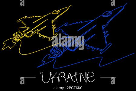 Zwei blau-gelbe Kampfflugzeuge auf schwarzem Hintergrund. Stock Vektor