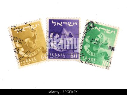 Klassische Briefmarken aus Israel isoliert auf weißem Hintergrund. Stockfoto
