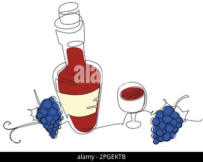 Eine Flasche Wein und Glas mit Trauben in einer Zeile auf weißem Hintergrund. Stock Vektor