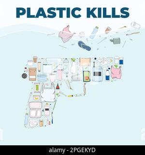 Plastikmüll in Gewehrform. Plastik tötet Poster. Meeresverschmutzung, Meeresverschmutzung, Küstenverschmutzung. Globale Umweltprobleme. Rette das Ozean-Konzept. Hand dra Stock Vektor