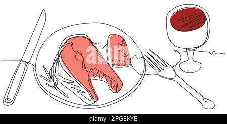 Roter Fisch auf einem Teller mit Gabel, Messer und Rotwein. Stock Vektor